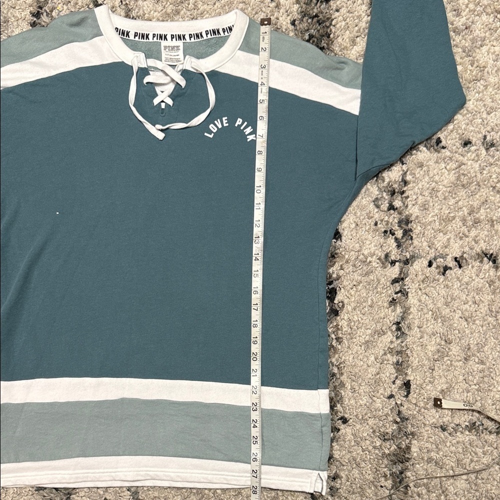 PINK Victoria's Secret Teal and White Lace-Up Oversized Sweatshirt - Picture 5 of 10
